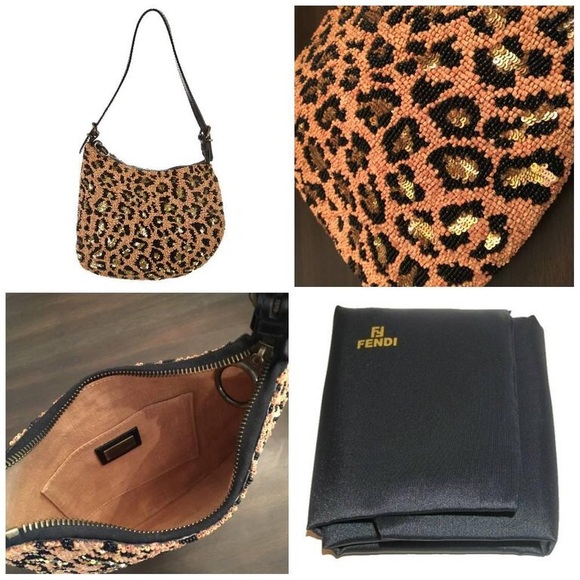 Auth ✅FENDI ❤️Beaded Shoulder Bag Oyster leopard👠 - Picture 6 of 10
